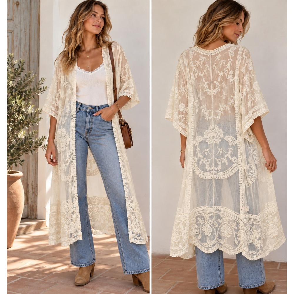 Dizzy Gal Floral Lace Kimono Jacket S Long Duster Open Weave Embroidery Cottage